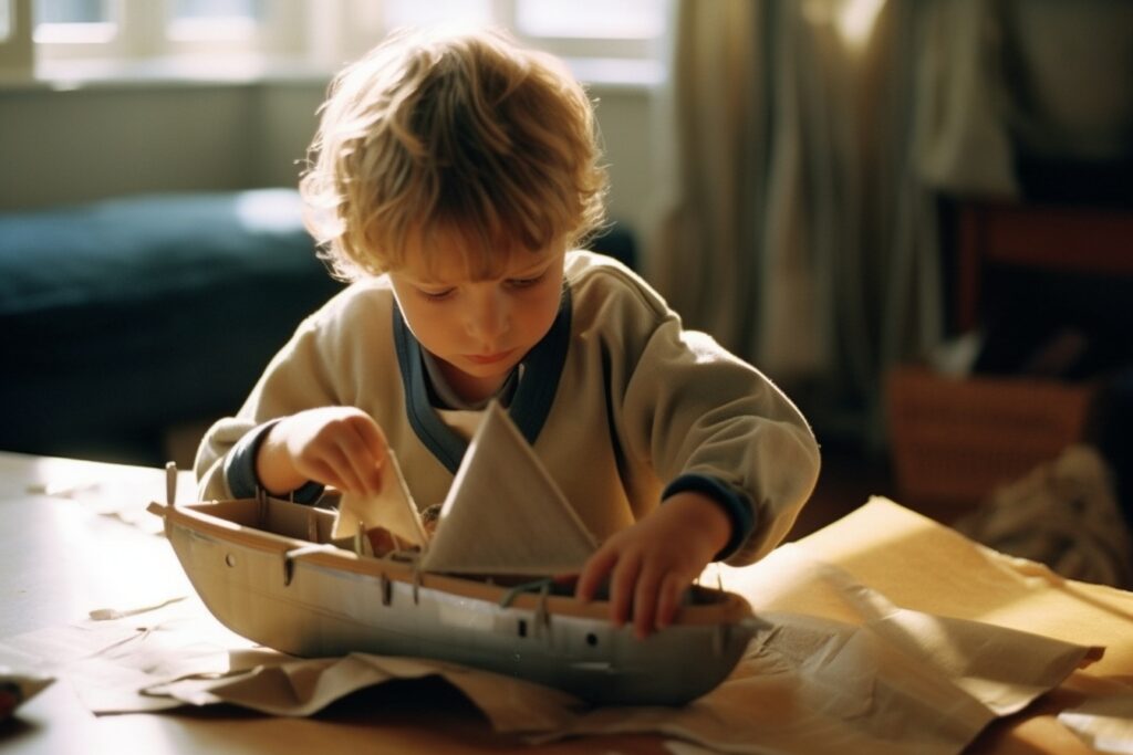 enfant fabriquant un bateau en carton