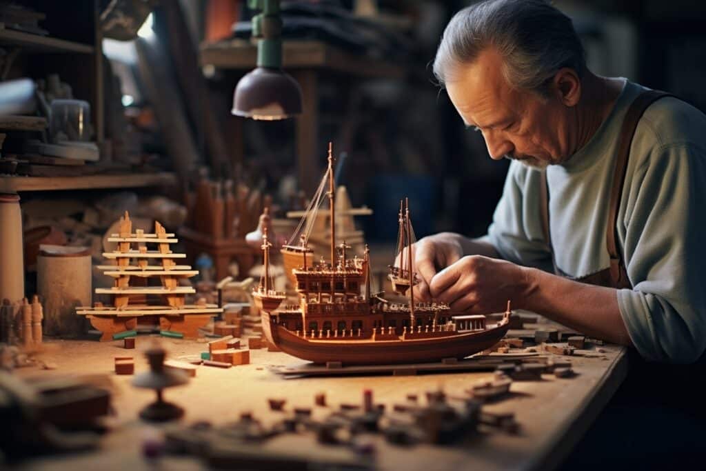 homme assamblant une maquette de bateau en bois