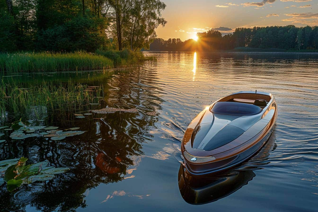 Bateau électrique naviguant paisiblement sur l'eau  
Véhicule maritime écologique en pleine nature