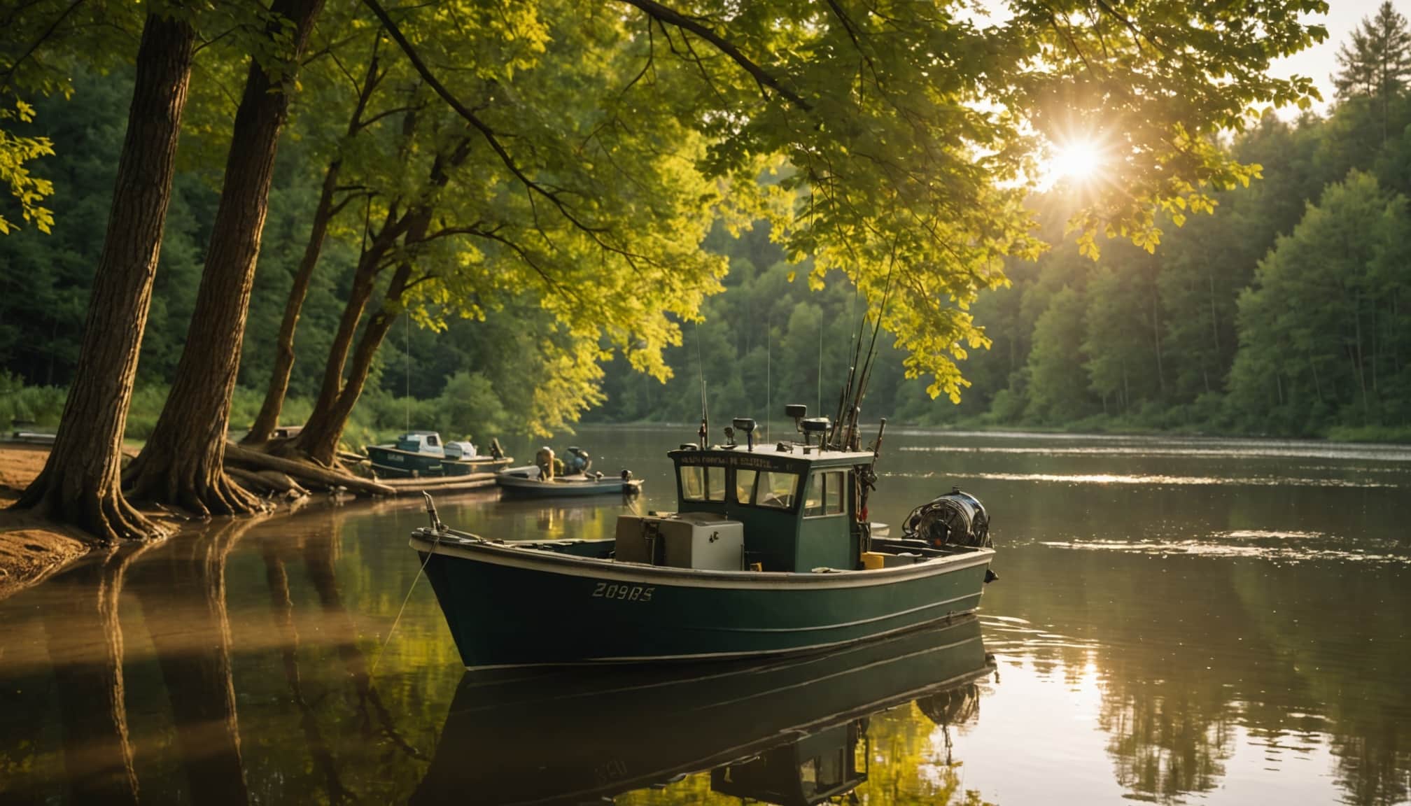 Bateau de pêche naviguant sur une rivière tranquille  
Vaisseau de pêche amarré au bord d'une rivière calme