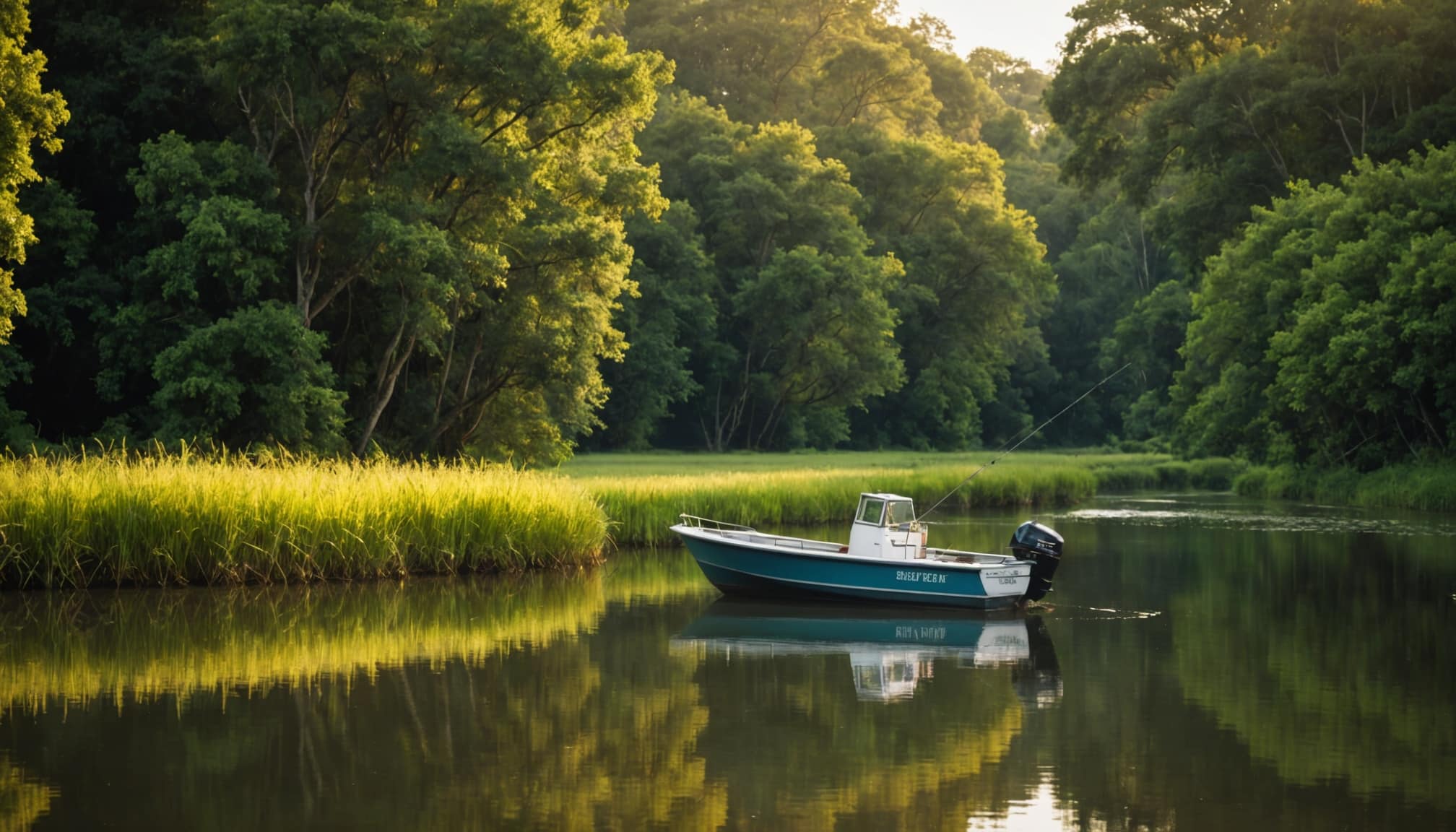 Bateau de pêche naviguant sur une rivière tranquille