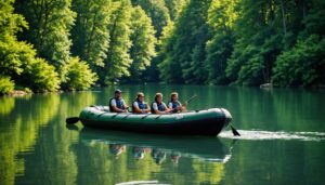 Bateau gonflable pour quatre personnes sur l'eau