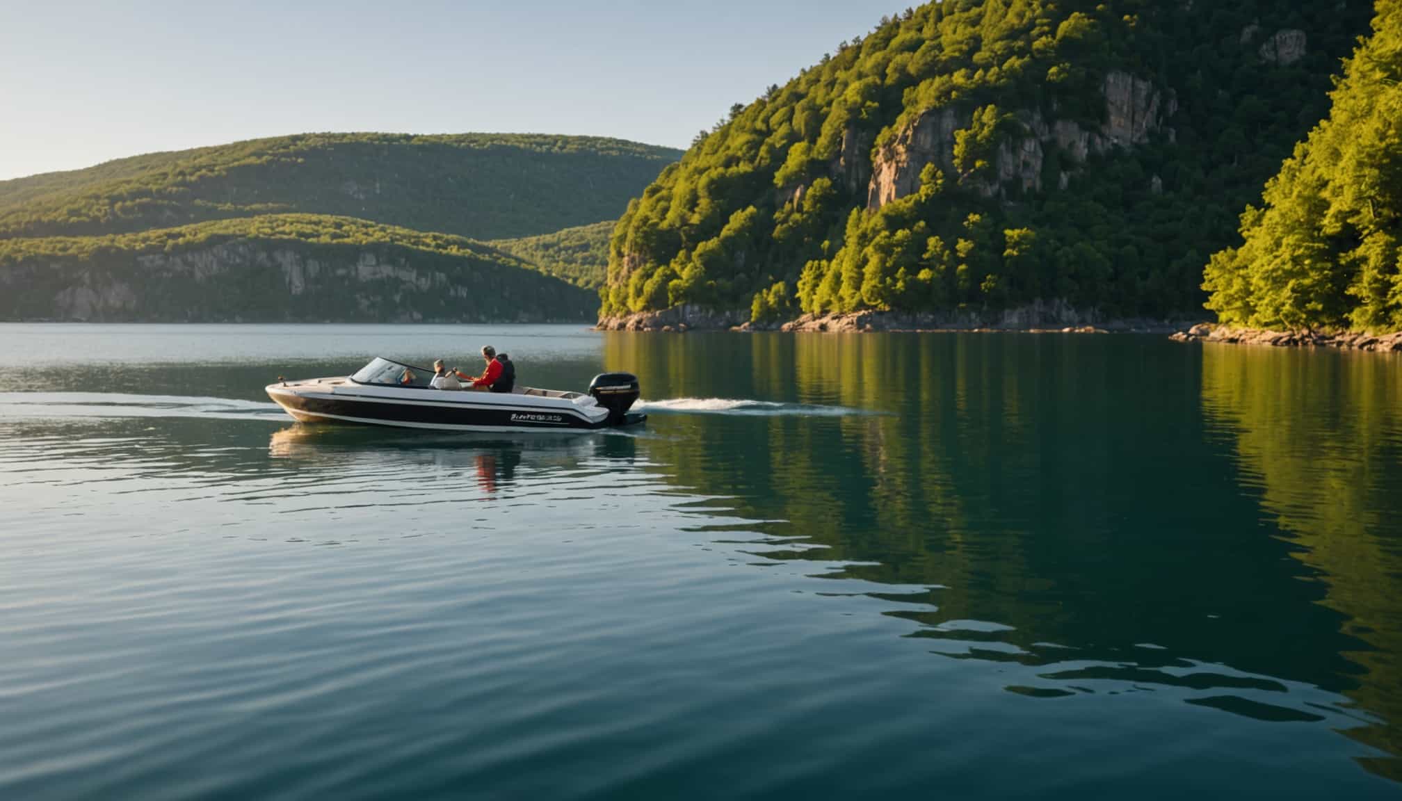 Bateau naviguant sur les eaux cristallines du Verdon  
Véhicule marin silencieux explorant les gorges verdoyantes