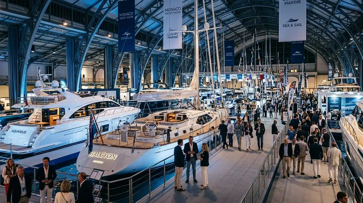 Exposition de bateaux de luxe dans un hangar moderne avec visiteurs