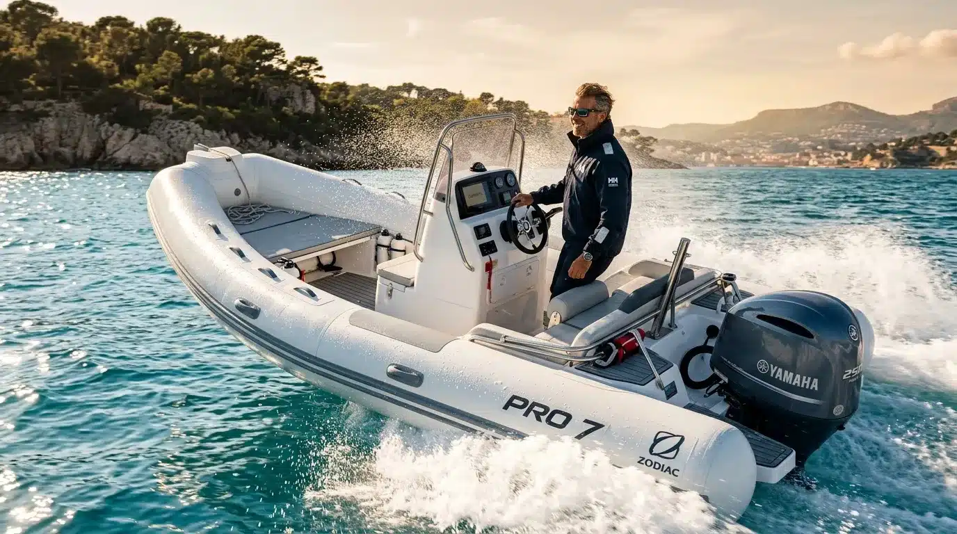 Homme pilotant un hors-bord blanc Zodiac en Méditerranée